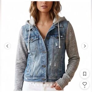 Free People Blue Denim Jacket with Cream Knit Hood
